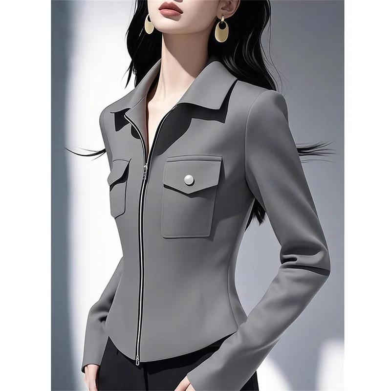 

Модное серое пальто для женщин, весна-осень 2026, новый дизайн на молнии, супер красивая куртка с длинными рукавами, верхняя одежда