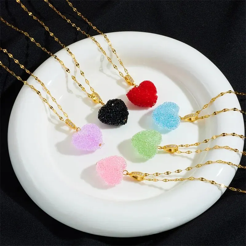 1 Pcs Romantic Candy Colored Love Copper Pendant Stainless Steel Chain Combination Of Temperament Peach Heart Necklace