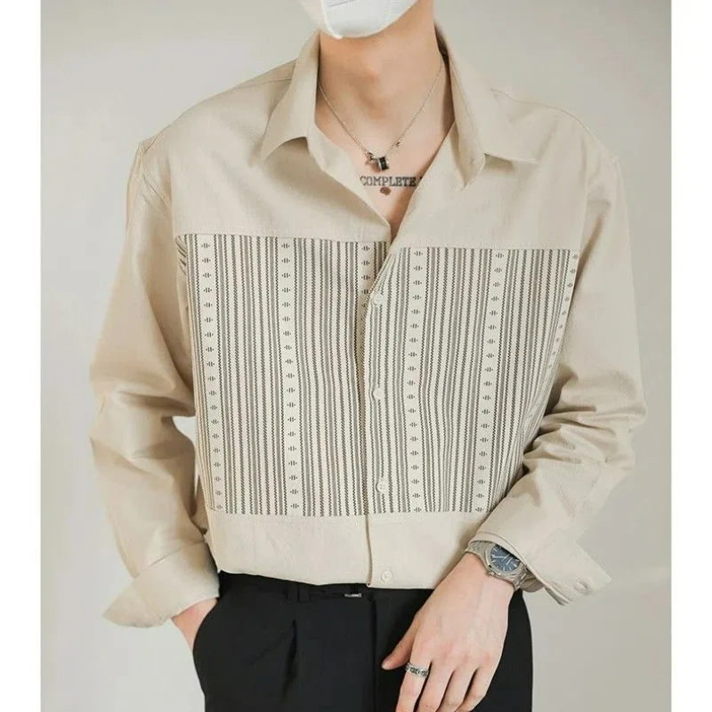 Spring Summer New Fashion Trend Korean Casual Long Sleeve Shirt Men Lapel Print Button Patchwork High End Light Luxury Shirt Top