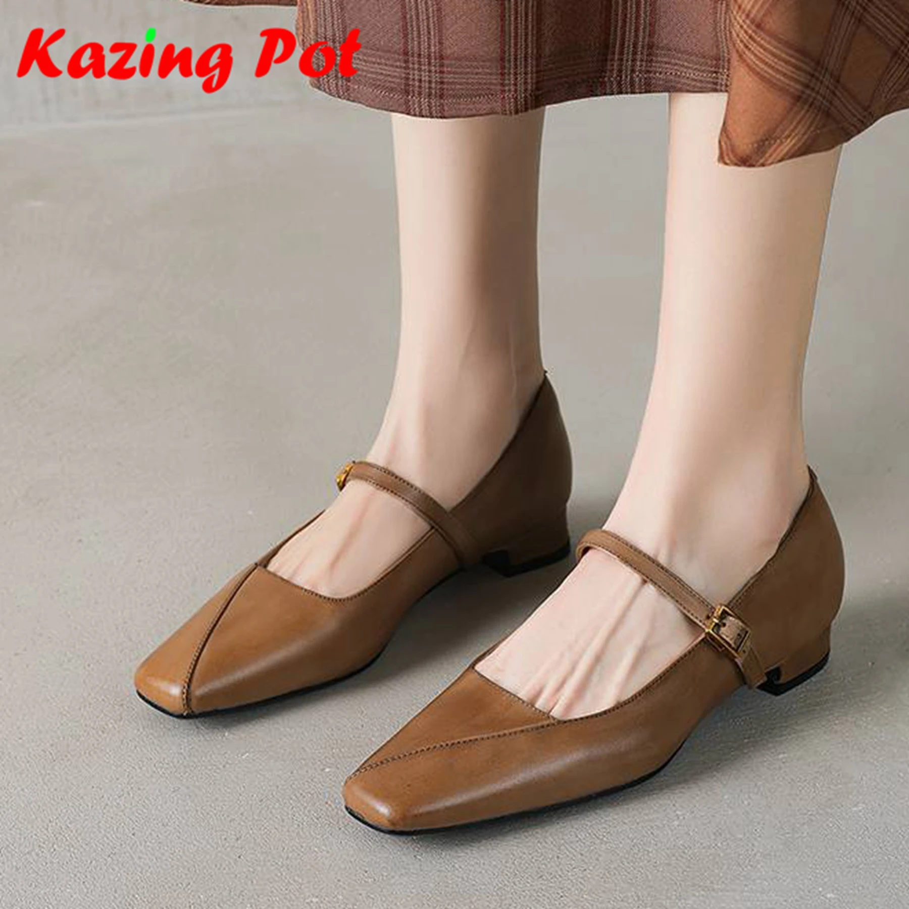 Krazing Pot Cow Leather Square Toe Low Heels Street Wear Summer Buckle Straps Basic Design Pink Color Ins Women Mary Janes Pumps