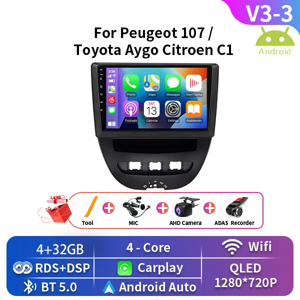For Peugeot 107 For Toyota Aygo Citroen C1 2005-2014 Android Car Multimedia Video Player Navigation GPS 4G Carplay 2 Din Stereo - afbeelding 1