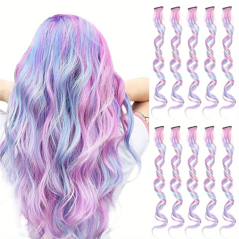 Colored Hair Extension for Women 10ps Vibrant Unicorn Synthetic Heat-Resistant Curly Clip-In 22'' Cosplay & Party Christmas Gift