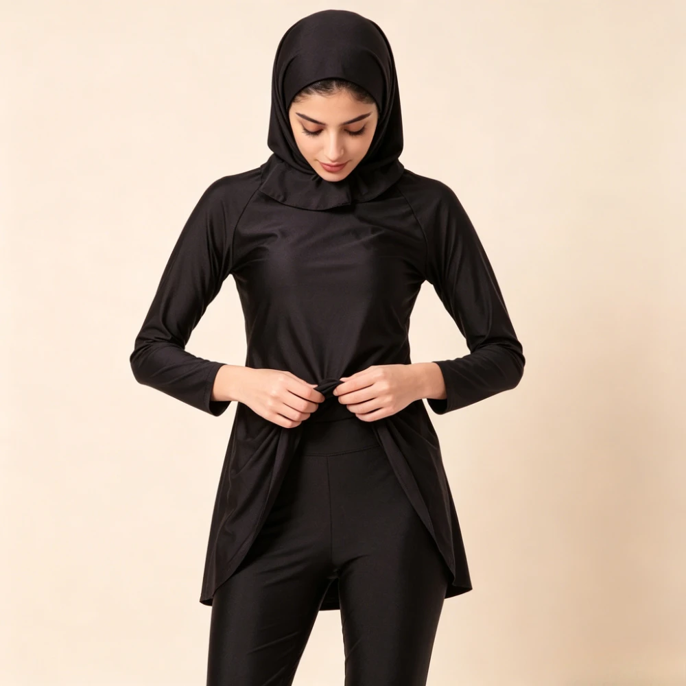 Women 3PCS Plain Burkini Swimwear Ruffled Collar Long Sleeve A-Line Tunic Top Full Length Pants with Hijab Muslim Bathing Suit