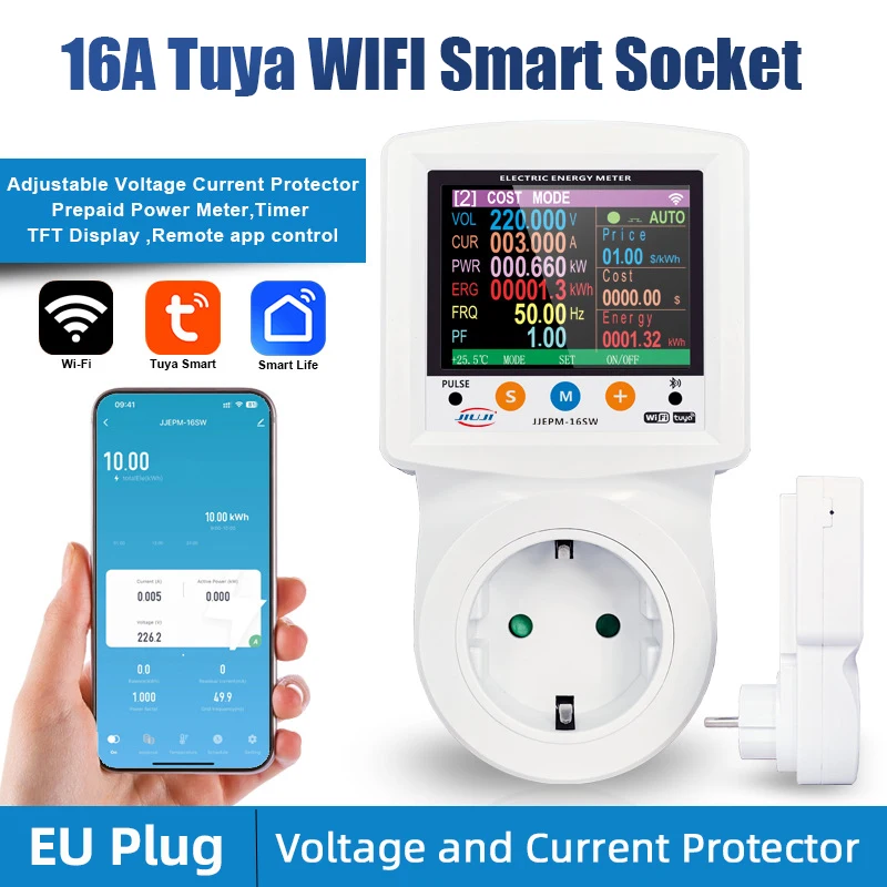 

Tuya WiFi Power Meter Socket AC 220V LCD Electric Energy Meter Smart Timer Switch EU Plug Undervoltage Overcurrent Protector