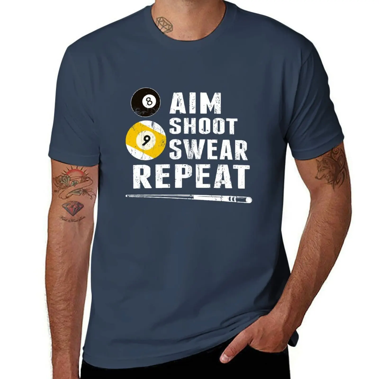 Funny Billiards Pool Players Tshirt Aim Shoot Swear Repeat Billiards T-Shirt Big and Tall Gym T-Shirt