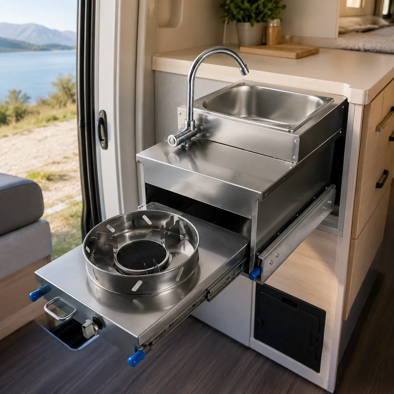 RV Pull Out Gas Cooker Sink Combo Integrated Stove with Sink for Campervan Caravan Travel Trailer Motorhome Renovation