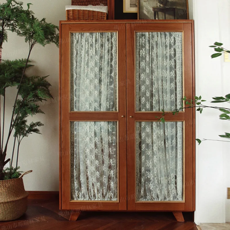 Grandma's big wardrobe French retro double door wardrobe solid wood gauze curtain American glass cabinet small apartment bedroom