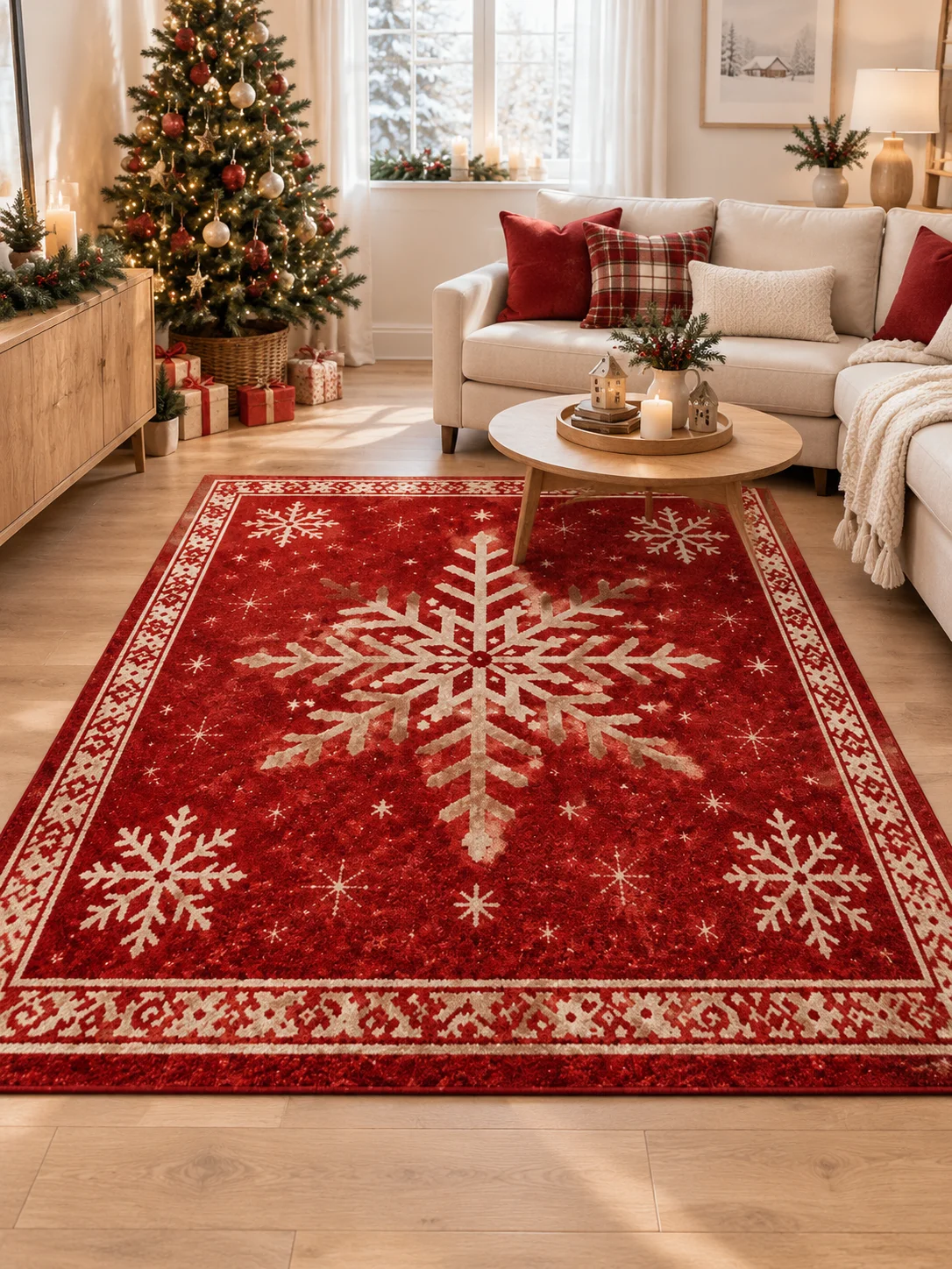 Christmas Red Snowflake Area Rug, Vintage Nordic Winter Snowflake Pattern Soft Flannel Carpet, Non-Slip Floor Mat for Living Room, Bedroom, Christmas Holiday Home Decor
