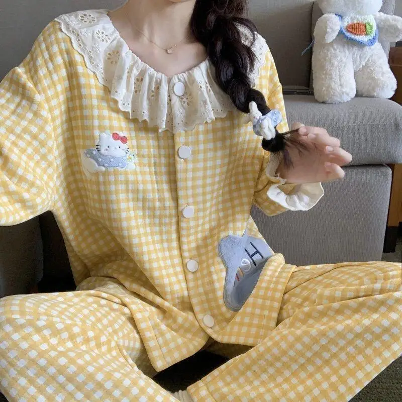 

Новые зимние пижамы с героями мультфильмов «Hello Kitty», женские хлопковые милые клетчатые свободные милые домашние костюмы, повседневная одежда, кавайный комплект ночного белья
