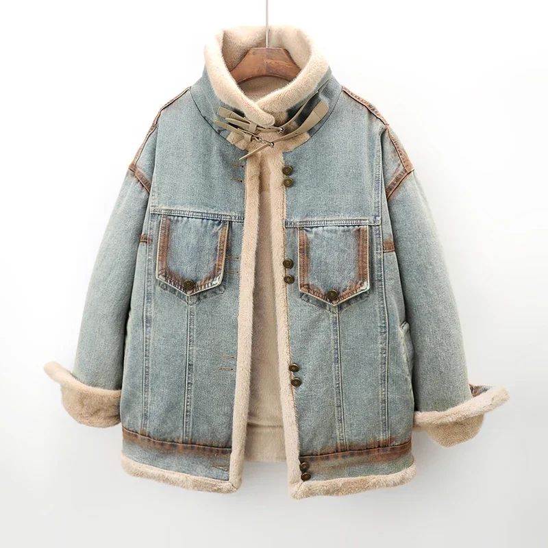 Winter Thick Warm Rabbit Hair Fleece Denim Jacket Women Vintage Cowboy Outerwear Loose Mid Long Stand Collar Jeans Jacket Female