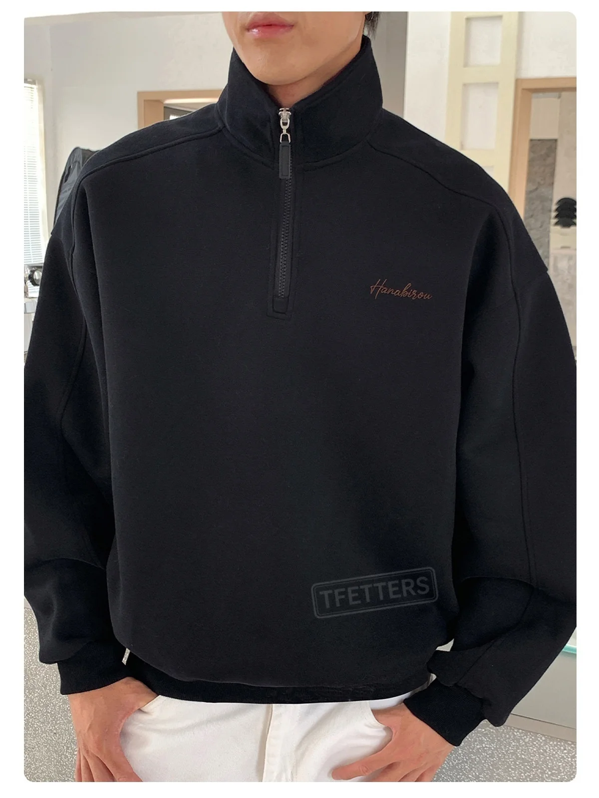 TFETTERS EU Size 2026 Autumn Casual Half Zip Pullover Men Stand Collar Minimal Letter Embroidered Long Sleeve Sweatshirt Man