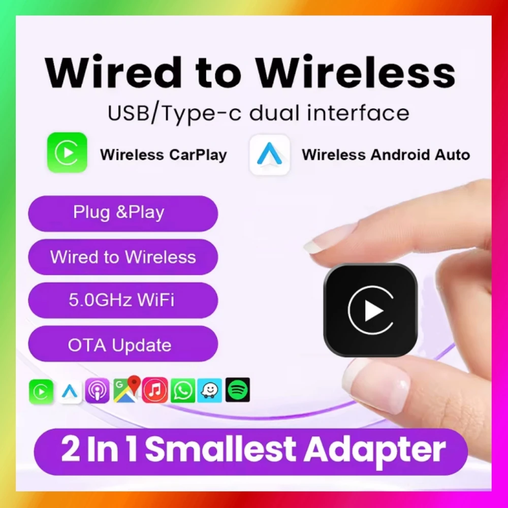 Dongle CarPlay sem fio 2 em 1, adaptador Android Auto sem fio, caixa inteligente com IA, sistemas inteligentes para carros com CarPlay com fio.