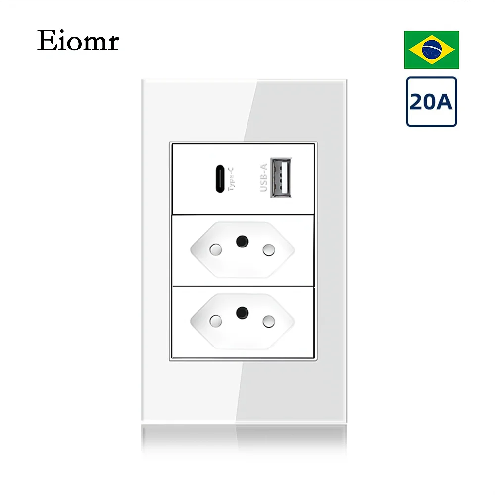 Eiomr 10A/20A Brazil Socket with USB Type-C 5V 2100mA, 118mm*75mm Tempered Glass Panel 2 Gangs 3 Pins Hole Power Wall Outlet