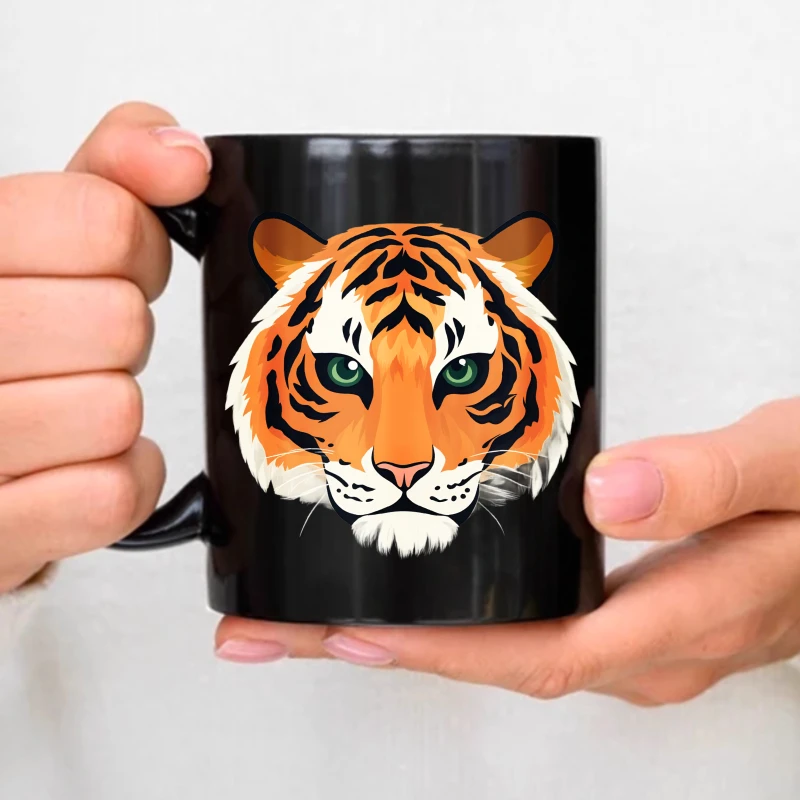 Ceramic mug, black tiger face design, suitable for coffee, tea, breakfast, office use