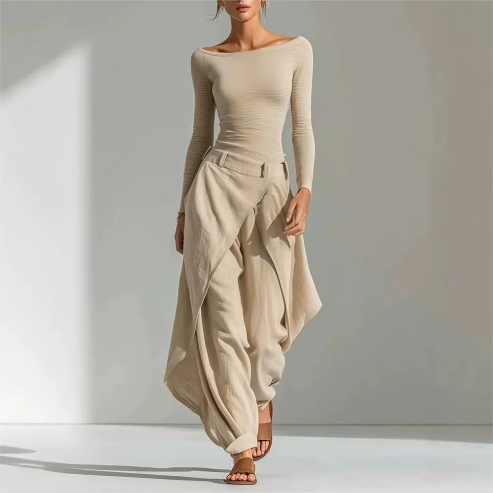 Elegant Women Solid Irregular Layer Trousers Two Piece Sets Autumn Winter Long Sleeve Slim T-shirt Tops & Wide Leg Pants Outfit