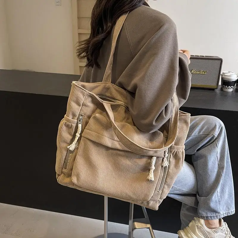 Travel Master Corduroy Shoulder Bag Casual Solid Color With Multiple Pocket Tote Bag For Women