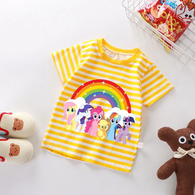 Camiseta listrada dos meus pequenos ponys, roupas infantis kawaii, unicórnio, desenho animado, anime, manga curta, roupas para casa, top kawaii