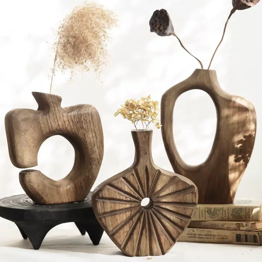A flower log vase retro old style solid wood advanced sense creative living room entrance ornament wabi sandy wind decoration