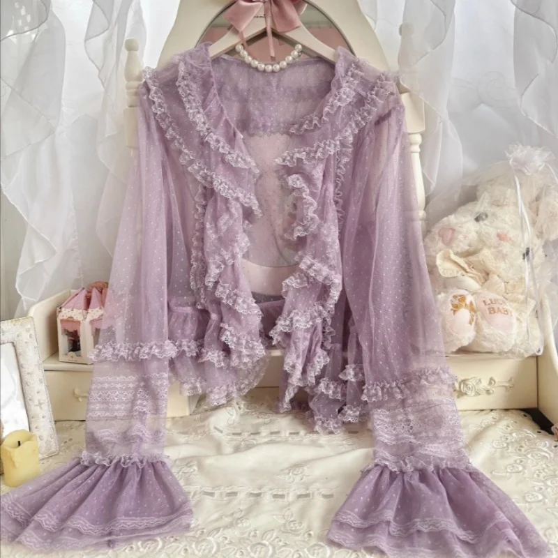 로리타 스윗 큐트 시스루 가디건 셔츠 여성용 레이스 러플 라운드넥 긴팔 탑 얇은 원사 카와이 소프트 블라우스 숄