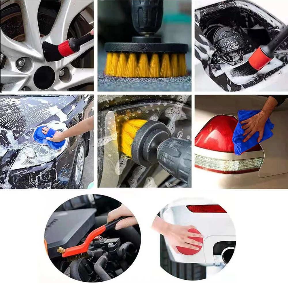 27Pcs Car Detailing Brush Kit Wheel Cleaning Detail Drill Detailing Brush Set Air Conditioner Vents Towel Polisher Scrubber Tool