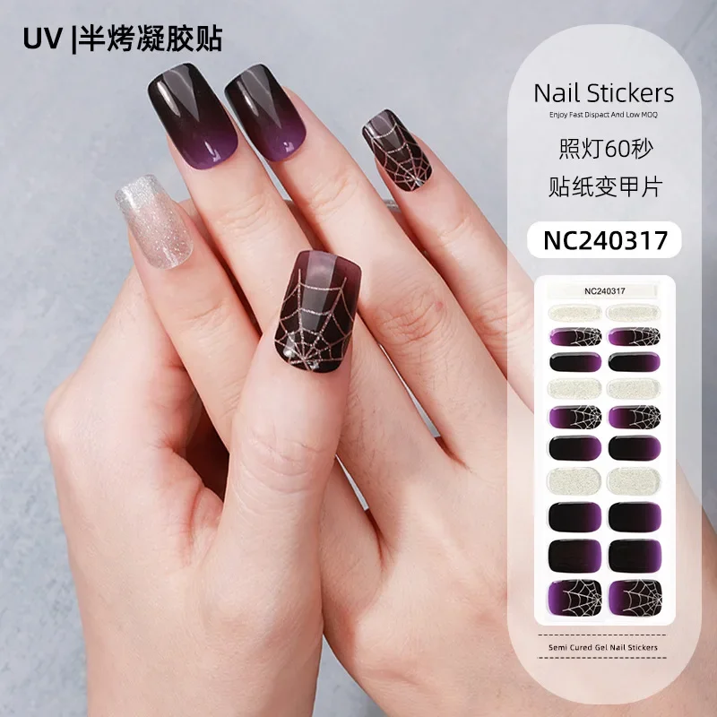 Semi cura Gel Nail Sticker, Dia das Bruxas, Aranha, Teia, Abóbora, Lâmpada UV, Cura, Impermeável, Cobertura Completa de Douramento, Decoração de Unhas