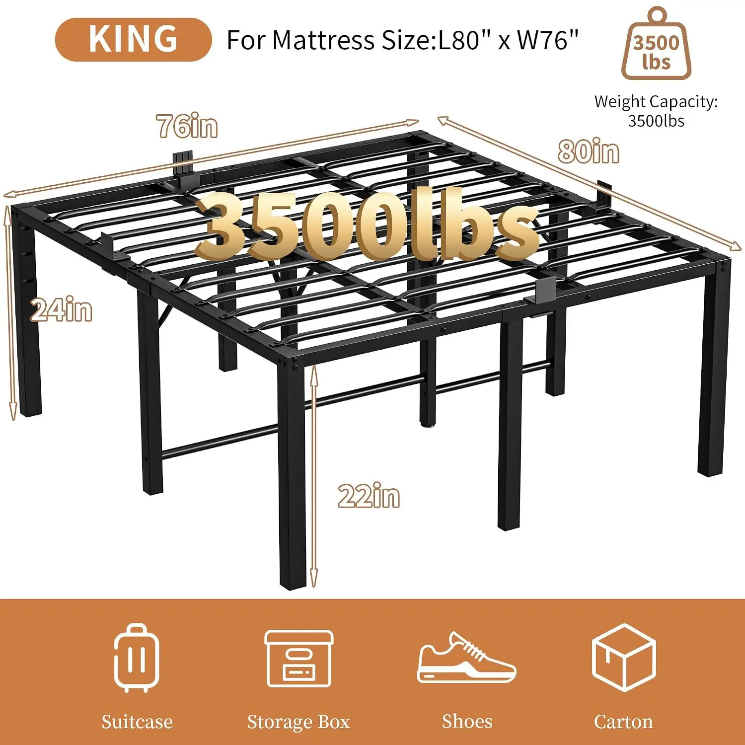 24 Inch King Size Tall Bed Frame, 3500 LBS Metal Platform Bed Frame, Black | Heavy Duty High Bedframe with 4, Customized