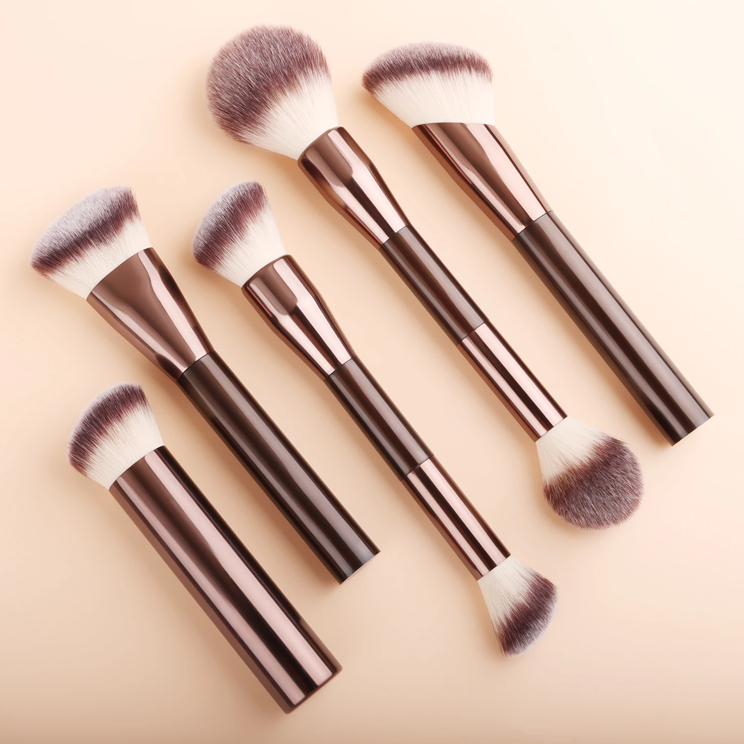 Professionelles 5-teiliges Doppelkopf-Make-up-Pinsel-Set: Großer runder Puderpinsel, abgewinkelter Konturpinsel, Flammen-Rouge- und Augendetailpinsel – Beauty-Tools