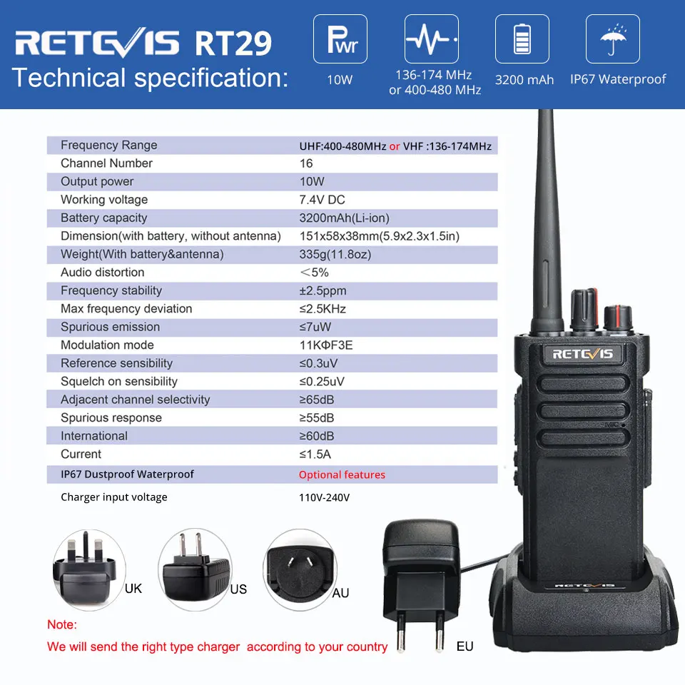 Talkie Walperforé longue portée RETEVIS IP67 étanche RT29, émetteur radio bidirectionnel portable UHF VHF 10W pour usine de chasse, 2 pièces