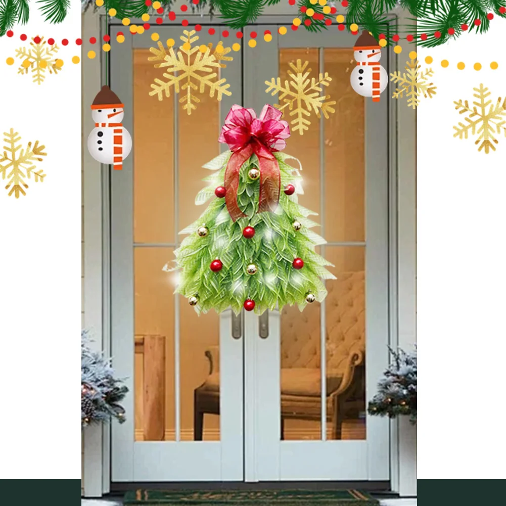 

Handmade Christmas Tree Wreath with Bow & Ball Large Xmas Tree Flower Wreath Garland Warm Lights Door Decor for Front Door