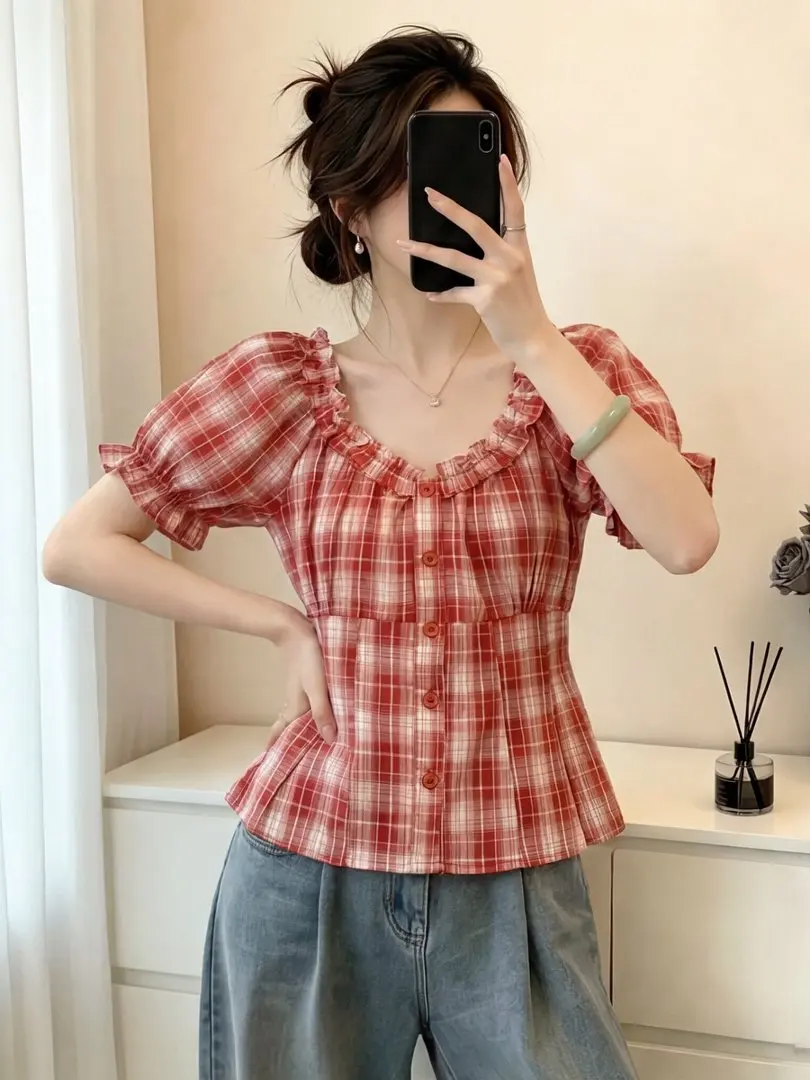 

Fashionable Plaid Bubble Sleeve Shirt Women's Summer Short Waist Cinching One Shoulder Top Korean Style Commute Wind Button D...