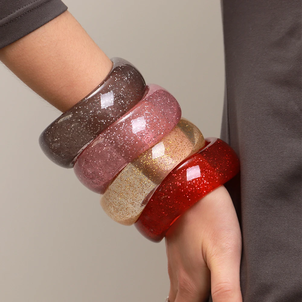 Boho Resin Colorful Transparent Glitter Irregular Wide Bangles Big Geometric Curved Cuff Bangle Bracelets Fashion Jewelry