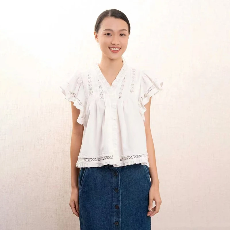 

Summer 2025 Women's White Black Short Sleeve T-shirt Embroidered Hollow out Overhead Top French Style Slim Fit Cotton Blend