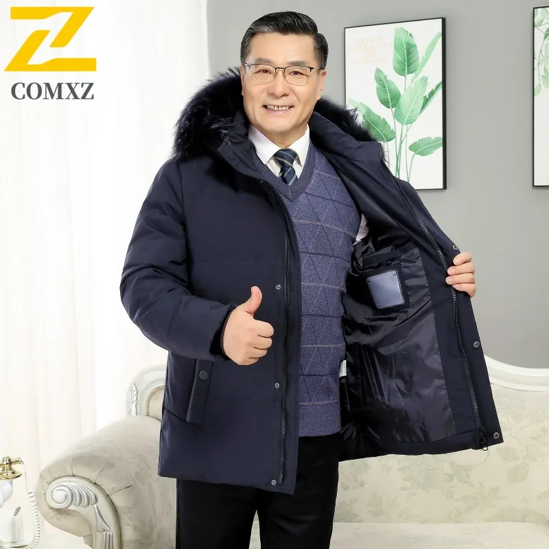 COMXZ Luxury Men Down Jacket Fur Collar Hooded Outdoor Work Cold Protection Puffer Coat Solid Color Travel Windproof Winter Coat
