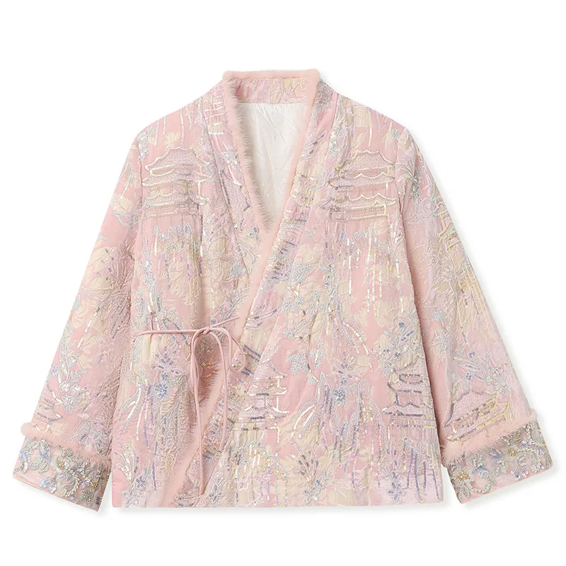 Winter Chinese style luxury mink fur trimmed white duck down down jacket + embroidered skirt suit