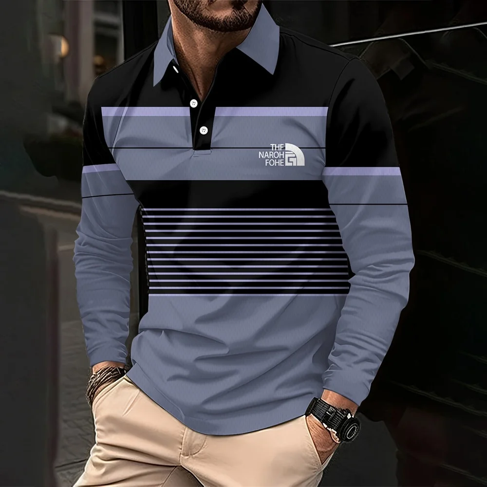 2026 New Fashion Striped 3D Print Golf Wear Men White Collar Buttons Polo Shirt For Men Office Lapel Long Sleeves Men's Clothing