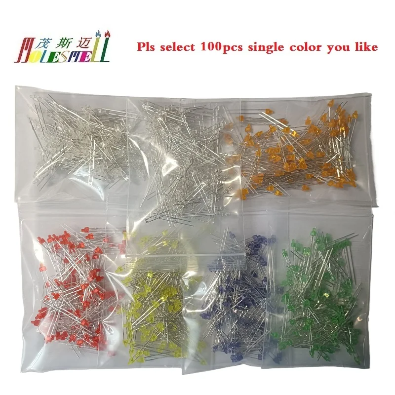 100pcs Multicolor 2mm Round Top Led Diffused/Water Clear Red Yellow Blue Green White Orange Pink Warm white LED Light Lamp Diode