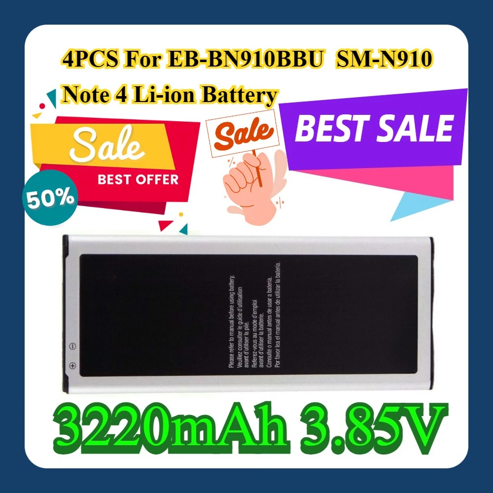 

4PCS For EB-BN910BBU 3220mAh SM-N910 Note 4 Li-ion 3.85V 12.40Wh Battery