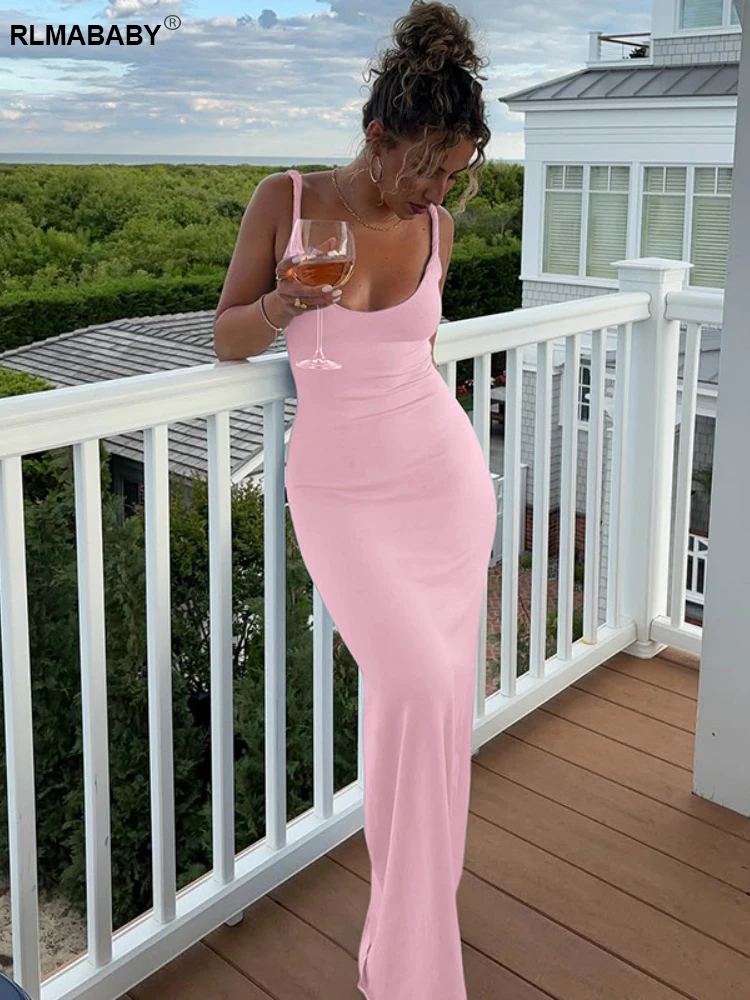 RLMABABY مثير السباغيتي حزام عارية الذراعين المرأة Bodycon فستان طويل موضة قبالة الكتف بلا أكمام عالية الخصر فستان ماكسي غير رسمي #6