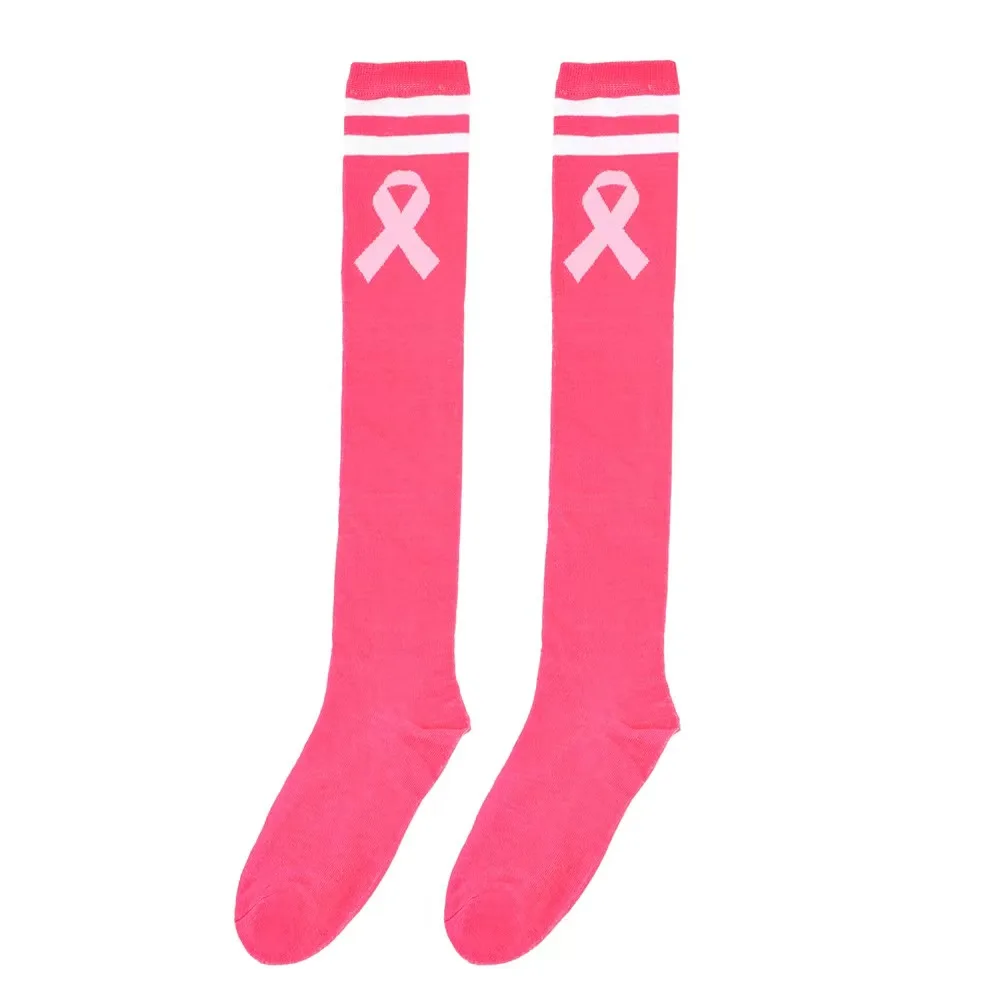 

2 Pairs Breast Cancer Awareness Socks Pink Ribbon Knee High Socks Breast Cancer Socks for Women Youth Sports Running Accessories