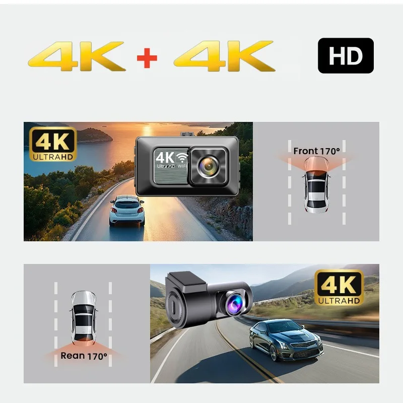 High-definition 3 inch 4K+4K driving recorder front and rear double recording night vision high-definition car recorder WiFi
