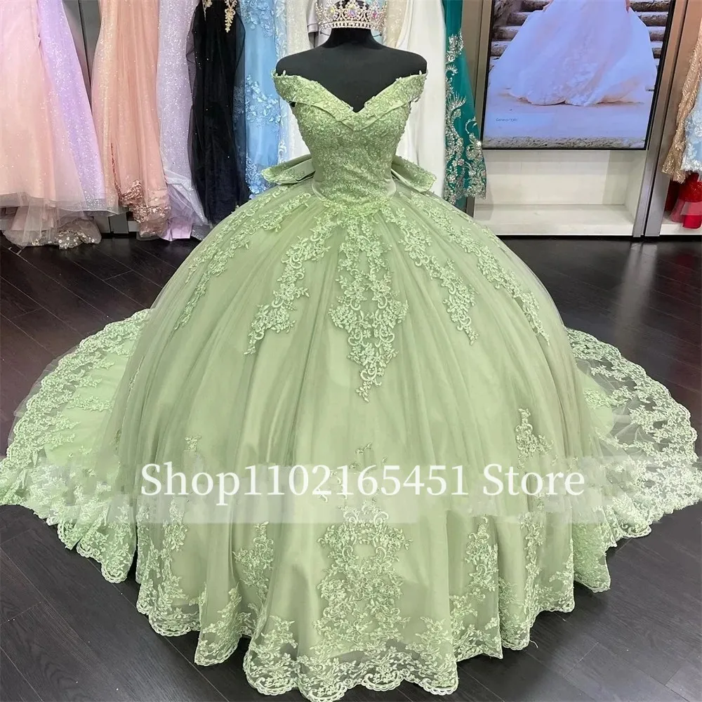 Sage Green Princess Quinceanera Dresses Lace-up Corset Applique 3D Big Bow Off Shoulder Sweet 16 Prom vestidos de 15 Customized