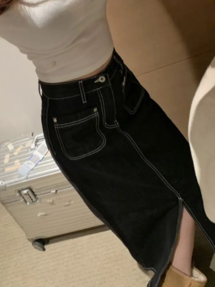 Retro Denim  Skirt Women's Korean Sle Faion Button Double ket Stitched Slit Mid-Length Skirt for Spring Autumn