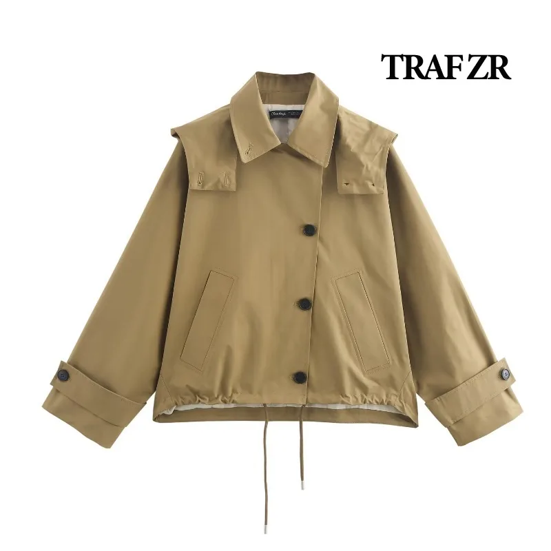 TRAF ZR Khaki Trench Women's Hooded Windbreakers Women's Autumn Coat New in Outerwears England Style Vintage Cropped Trench