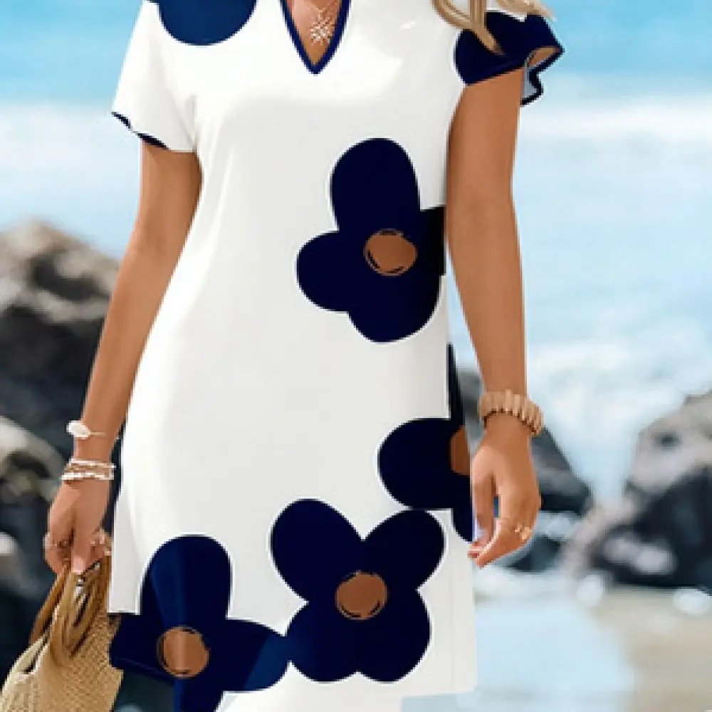 Plus Size Summer Midi Dress Navy Floral Print V Neck Short Sleeve Loose Straight Casual Elegant Breathable Women Clothes