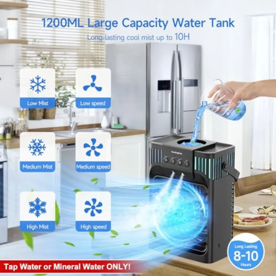Portable Air Conditioners, 4-in-1 Evaporative Air Cooler with Remote Control, Cooling Fan with 3 Modes, 3 Speeds and 7 LED Ligh