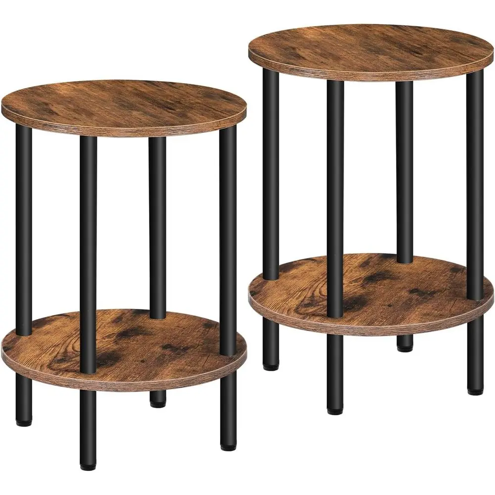 ラウンド2段エンドテーブル、小さなナイトスタンド、丈夫な金属フレーム、インダストリアルスタイルのコーヒーテーブル、リビングルームやベッドルームに最適