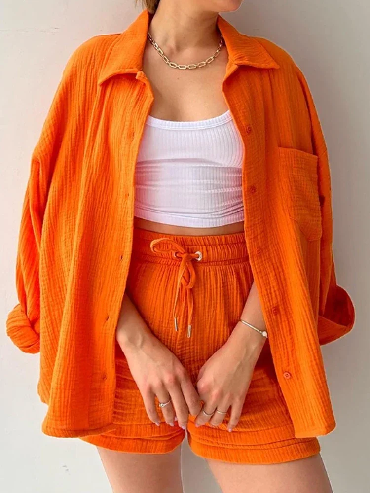 Conjunto de camisa longa branca feminina e shorts de cintura alta, roupa de 2 peças, roupa casual de verão, streetwear feminino