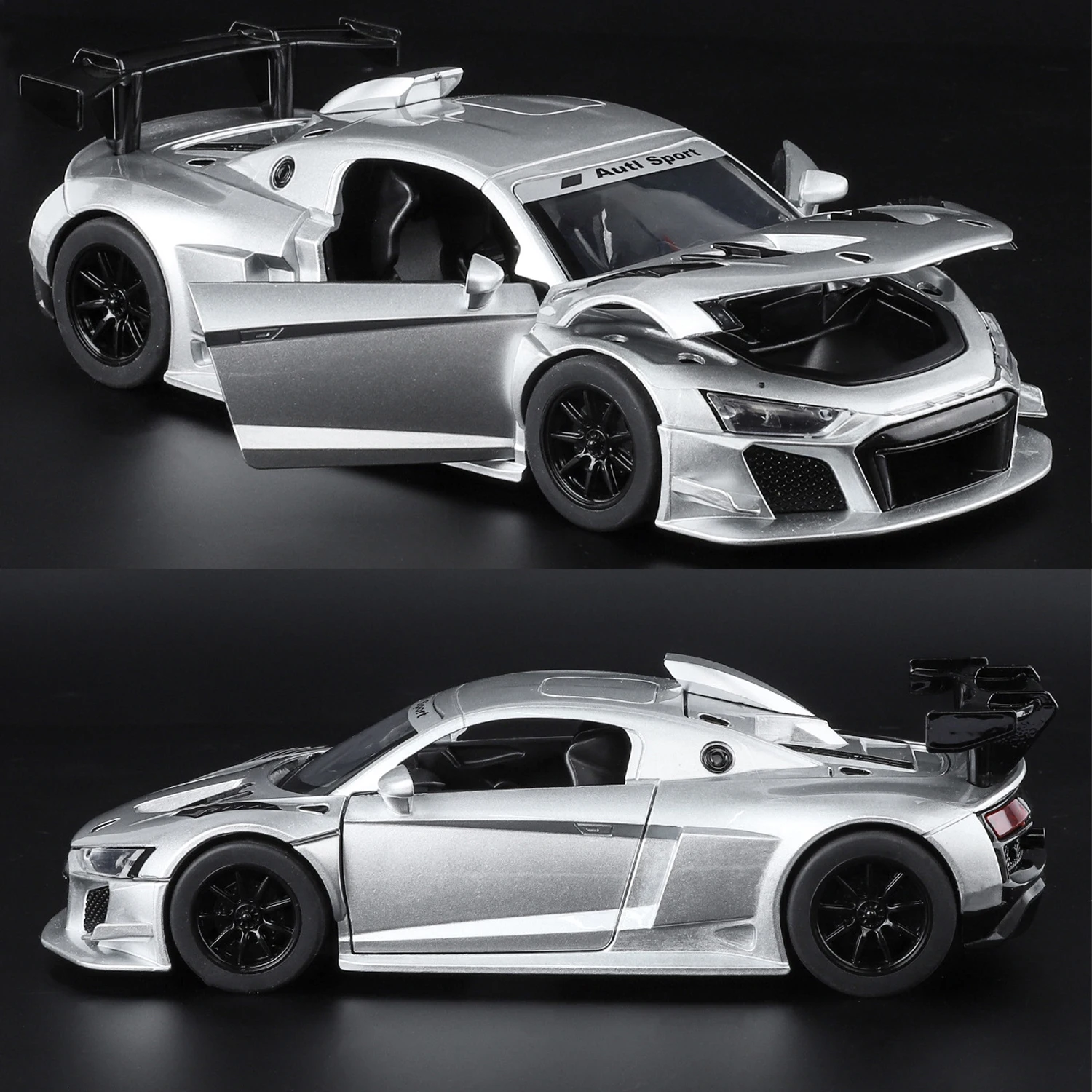 Nuevo 1:24 R8 LMS GT2 supercoche de aleación modelo de coche sonido y luz tirar hacia atrás juguete para niños coleccionables regalo de cumpleaños