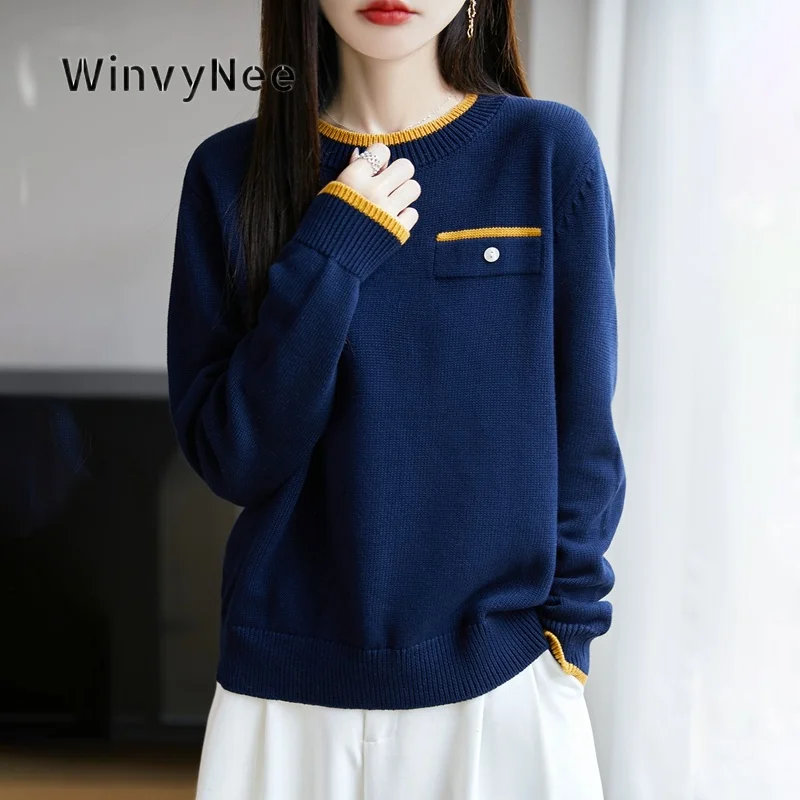 WinvyNee Women Decorative Button Pocket Knitwear 100% Cotton Crew Neck Long Sleeve Pullover Sweater Autumn Winter Wear ZA1892008
