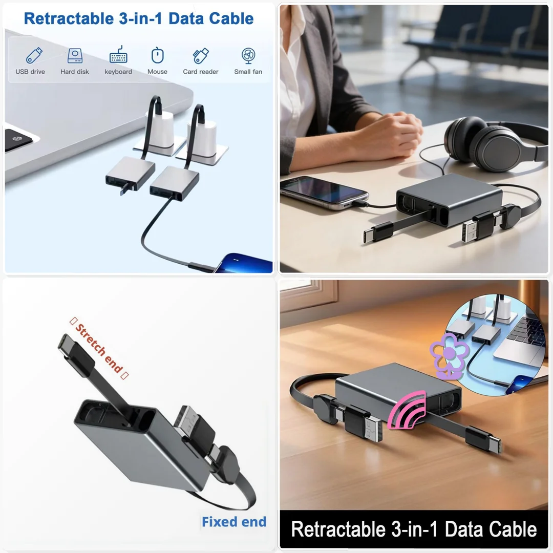 60W USB C to C Retractable PD Fast Charging Cable for Laptop Tablet Travel Bag Spare Charge Line